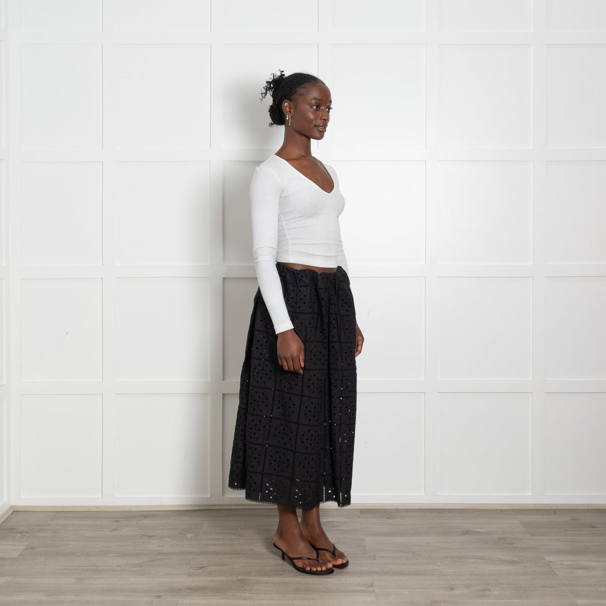 Ganni Black Broderie Midi Skirt