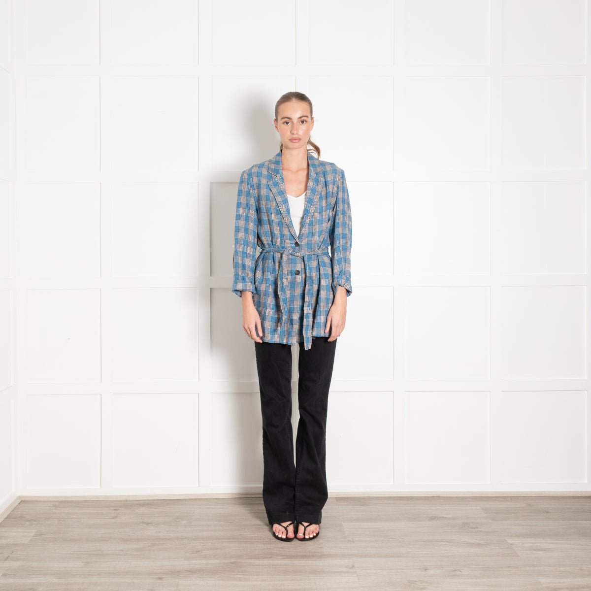 Diega Blue Cream Checked Linen Belted Jacket