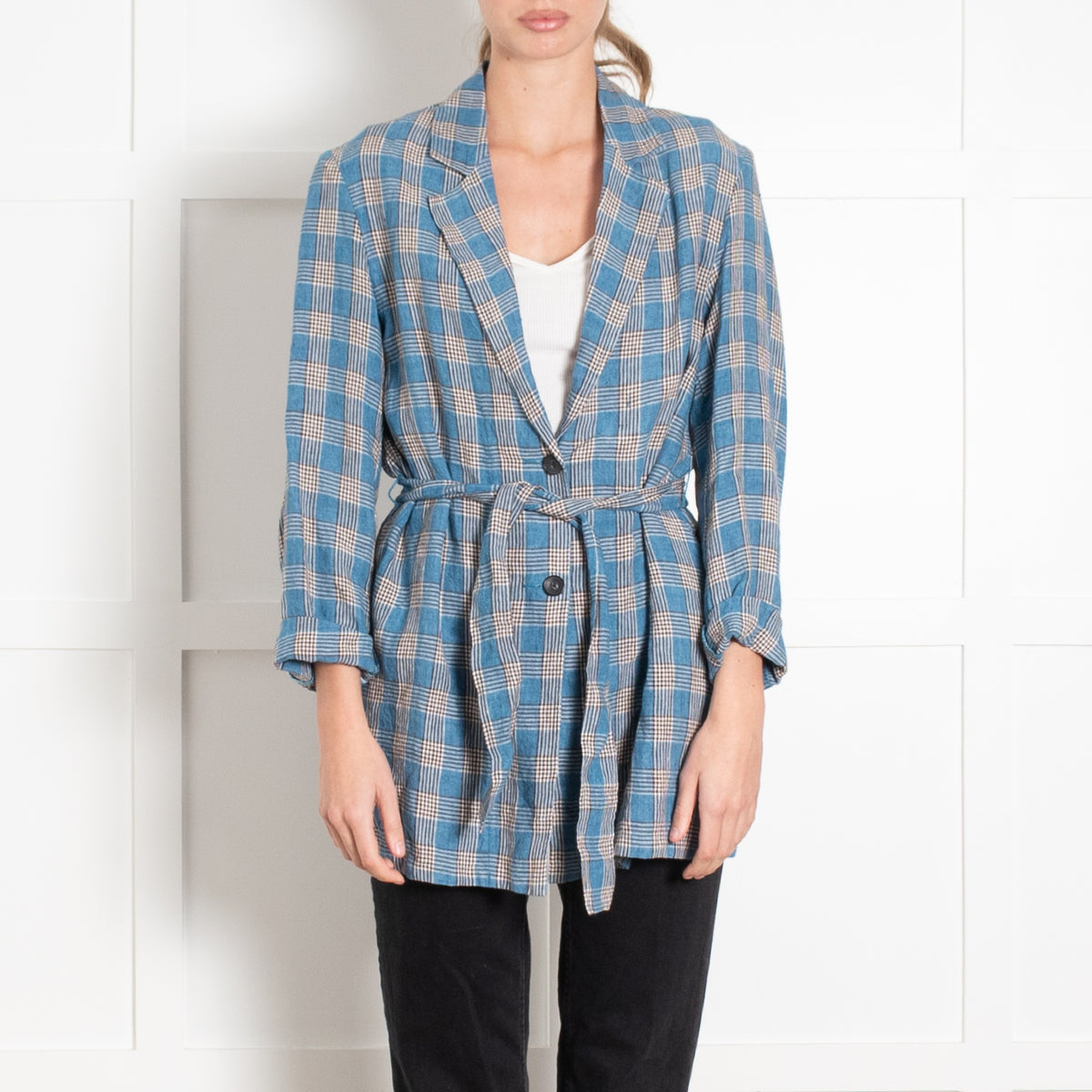 Diega Blue Cream Checked Linen Belted Jacket