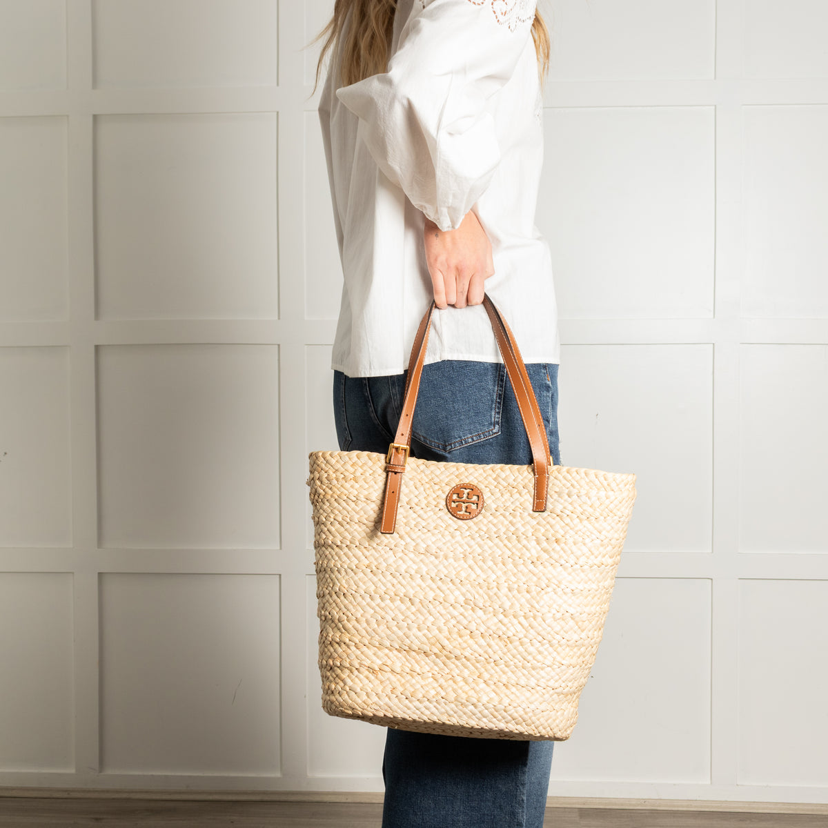 Tory Burch Raffia Tan Handle Tote Bag