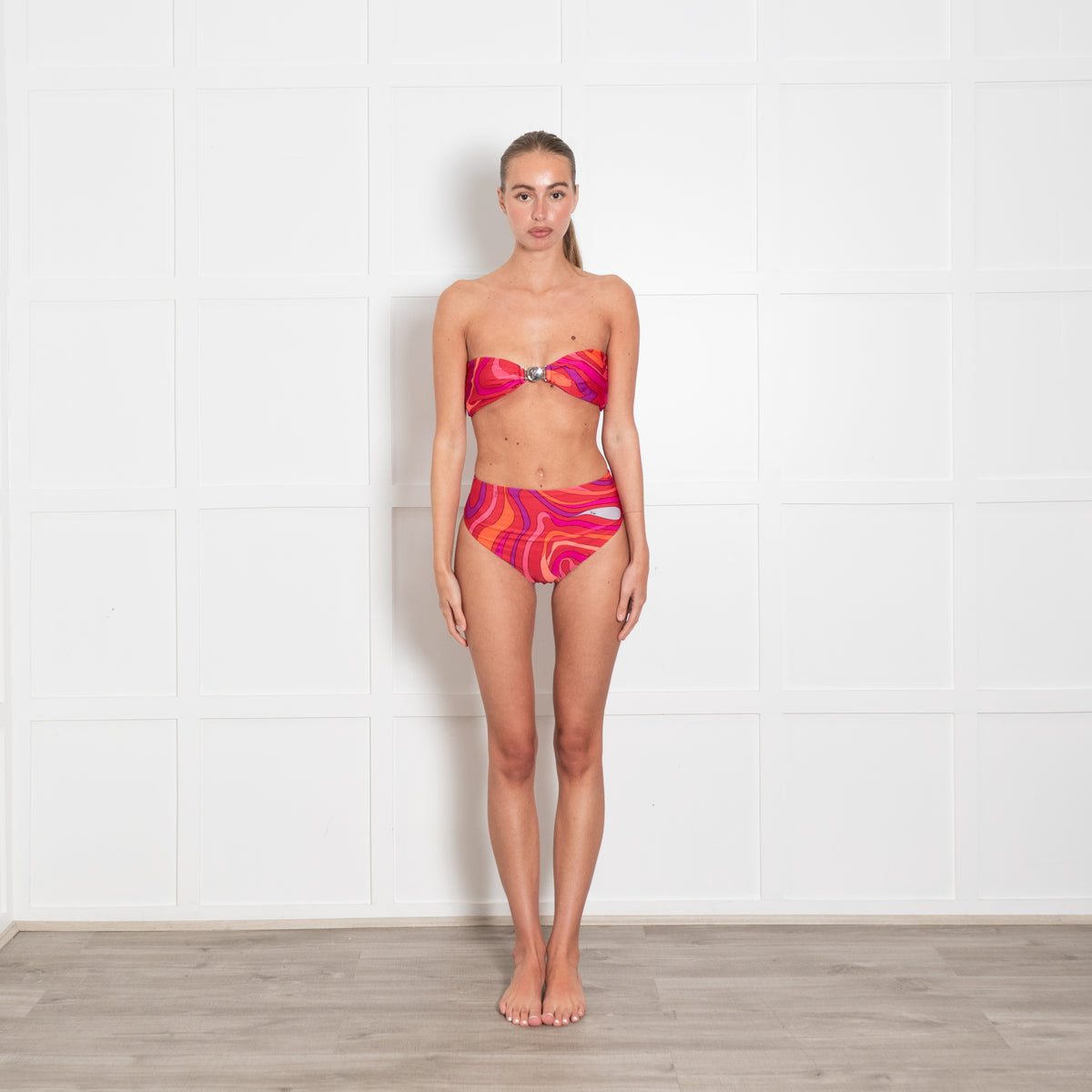 Emilio Pucci Red and Pink Swirl High Waist Bandeau Bikini