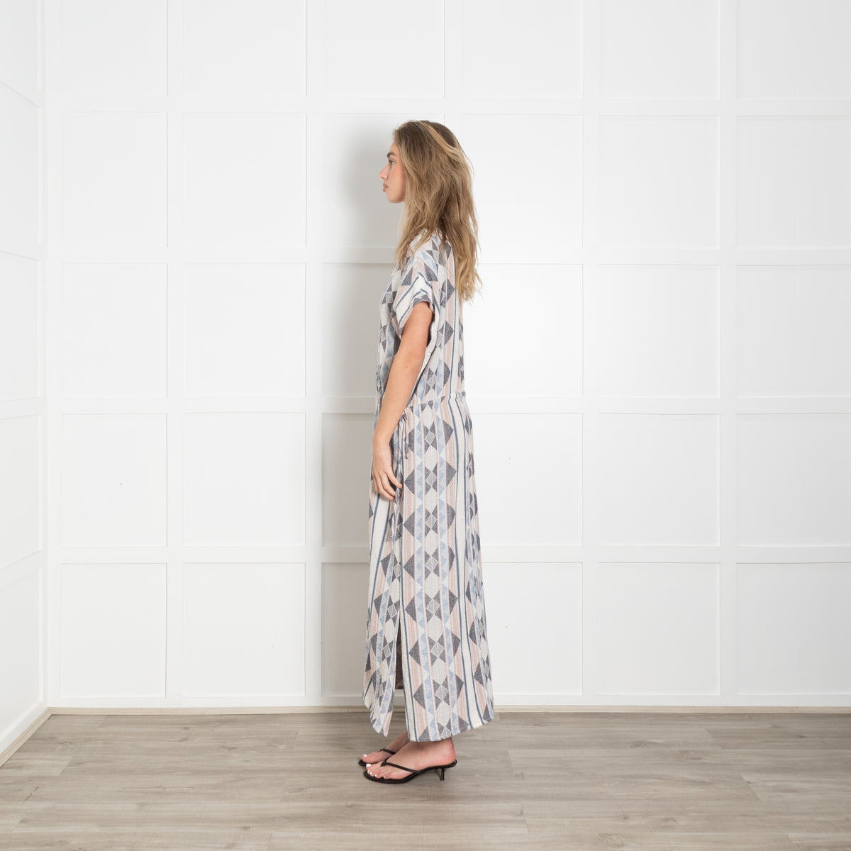 Louizon Pink & Blue Geometric Pattern Drawstring Midi Dress