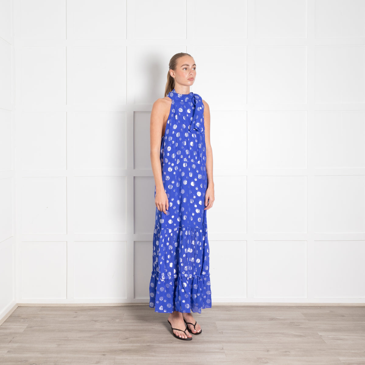 Rixo Cobalt Blue Silver Lurex Dot Halter Neck Maxi Dress