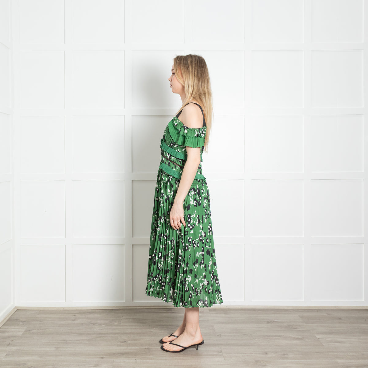 Self-Portrait Green White Black Floral Pleated Sleeveless Midi Dress