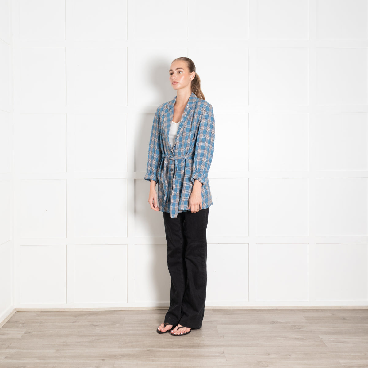 Diega Blue Cream Checked Linen Belted Jacket
