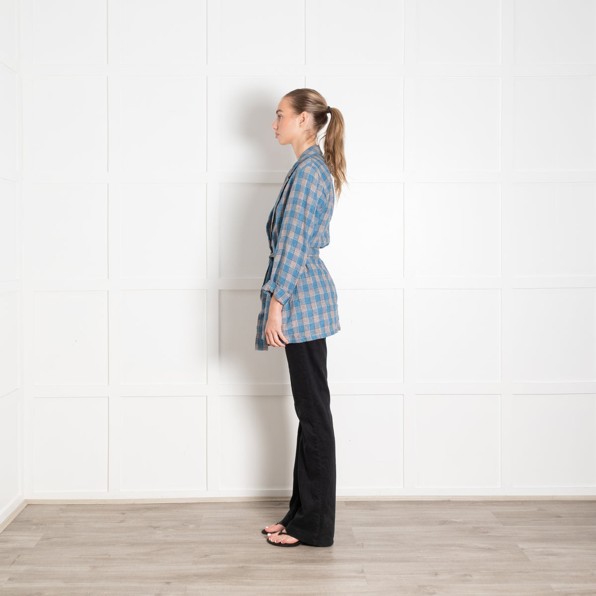 Diega Blue Cream Checked Linen Belted Jacket