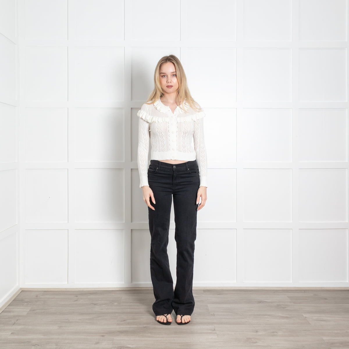 LoveShackFancy Cream Knit Frill Trim Cropped Fine Cardigan