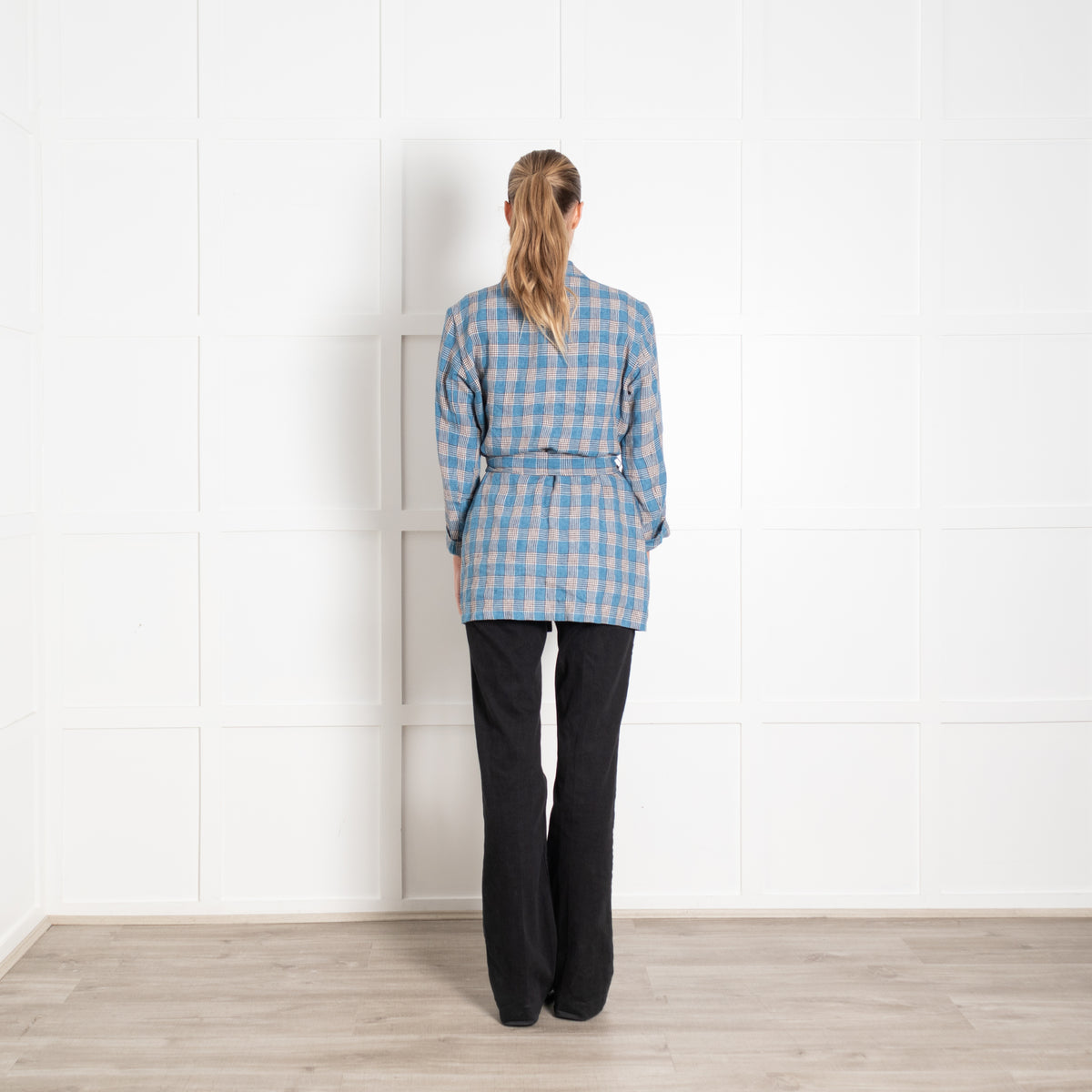 Diega Blue Cream Checked Linen Belted Jacket