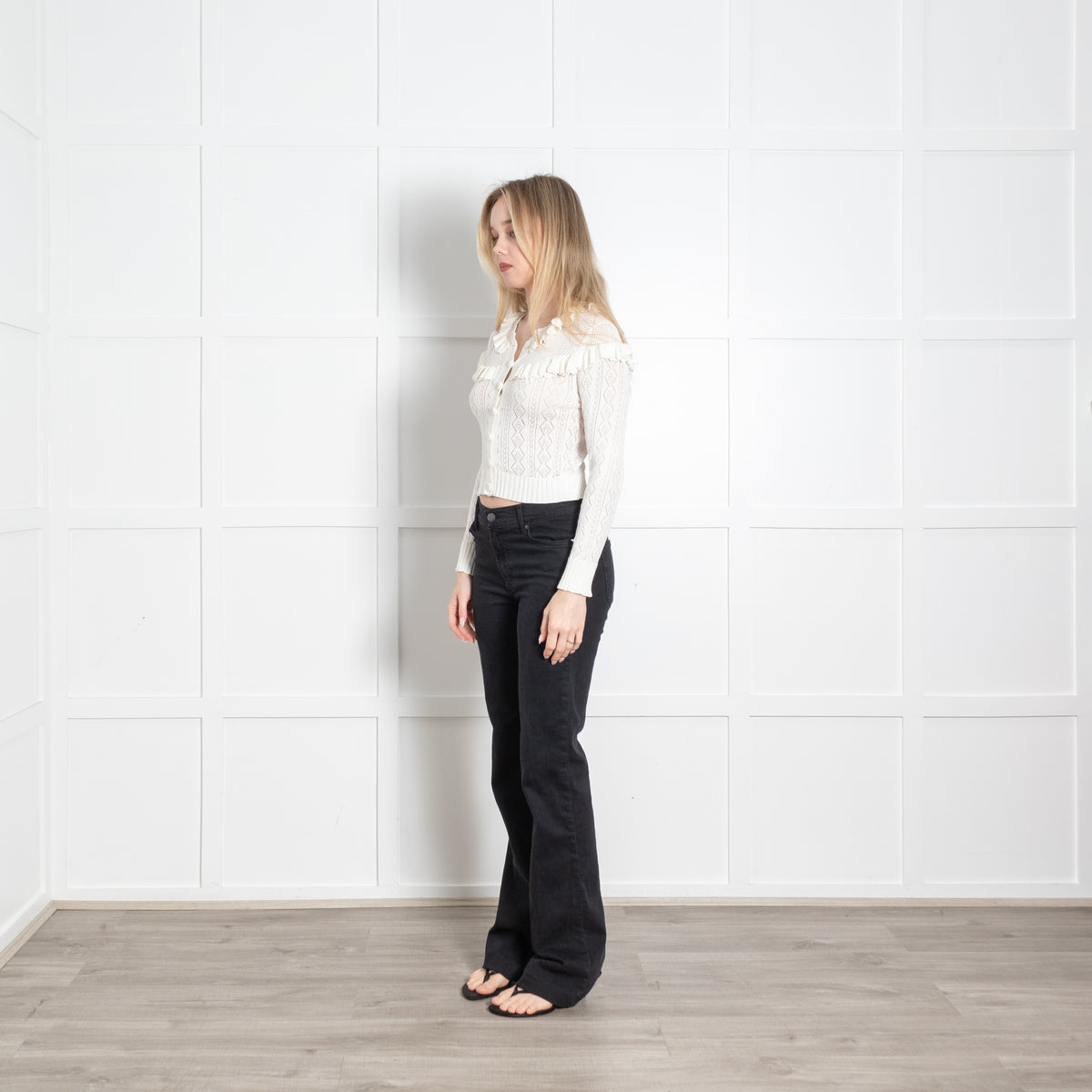 LoveShackFancy Cream Knit Frill Trim Cropped Fine Cardigan