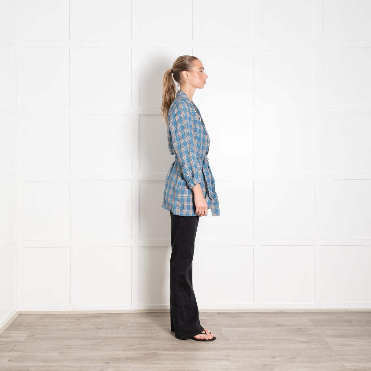 Diega Blue Cream Checked Linen Belted Jacket