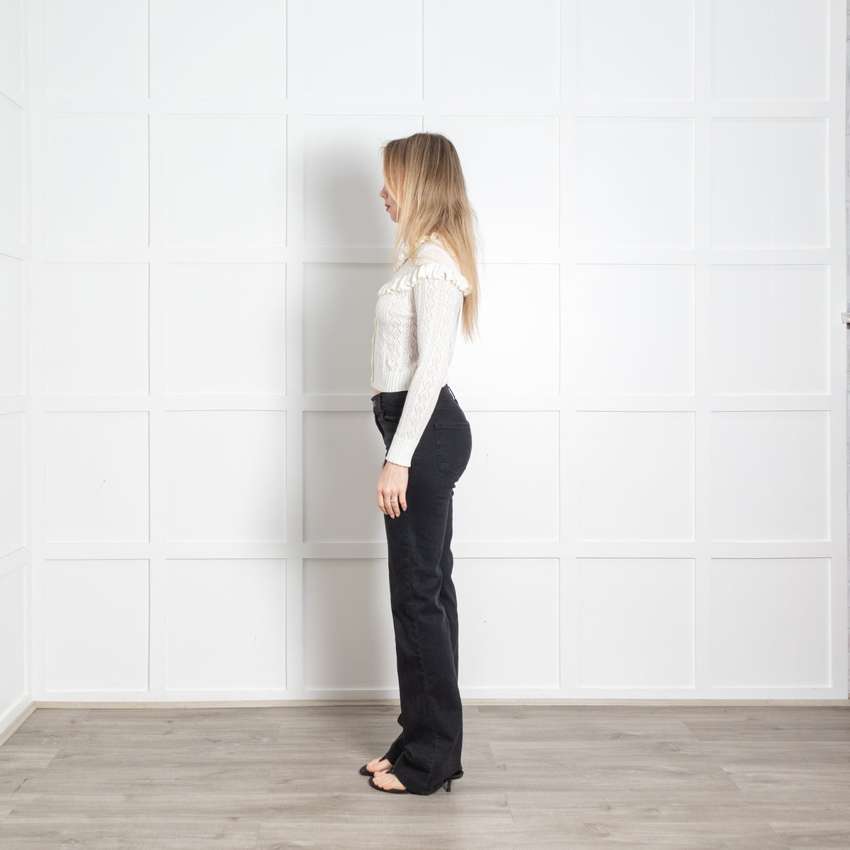LoveShackFancy Cream Knit Frill Trim Cropped Fine Cardigan