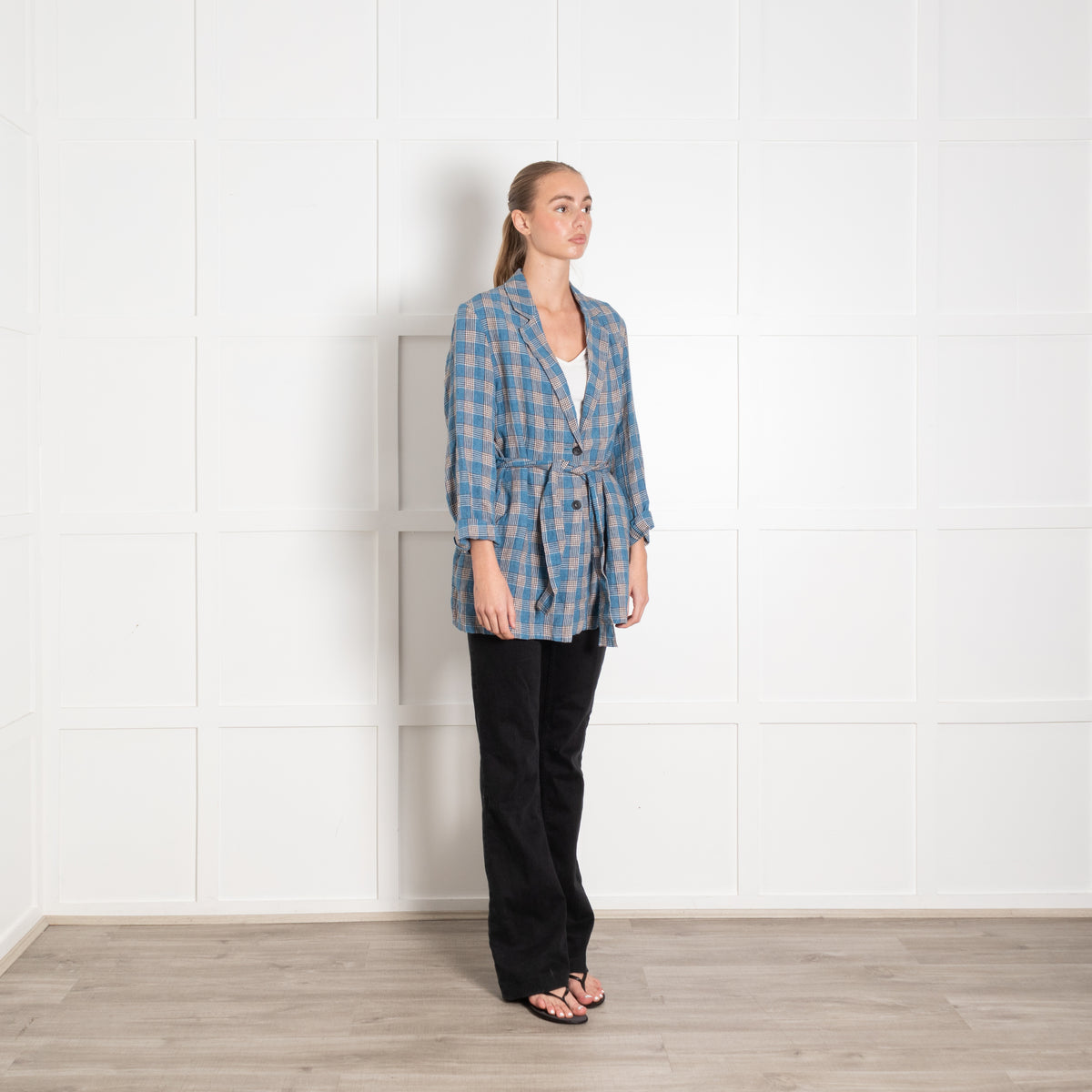 Diega Blue Cream Checked Linen Belted Jacket