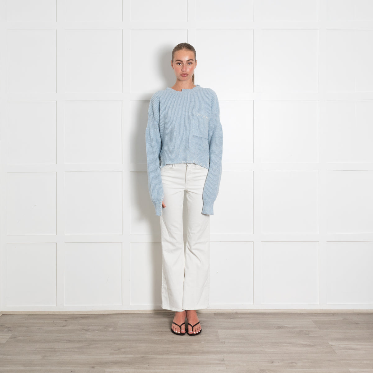 Marni Light Blue Distressed Embroidered Wool Jumper