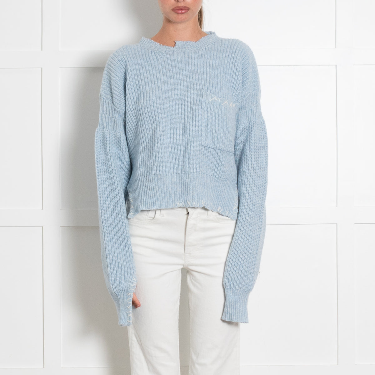 Marni Light Blue Distressed Embroidered Wool Jumper