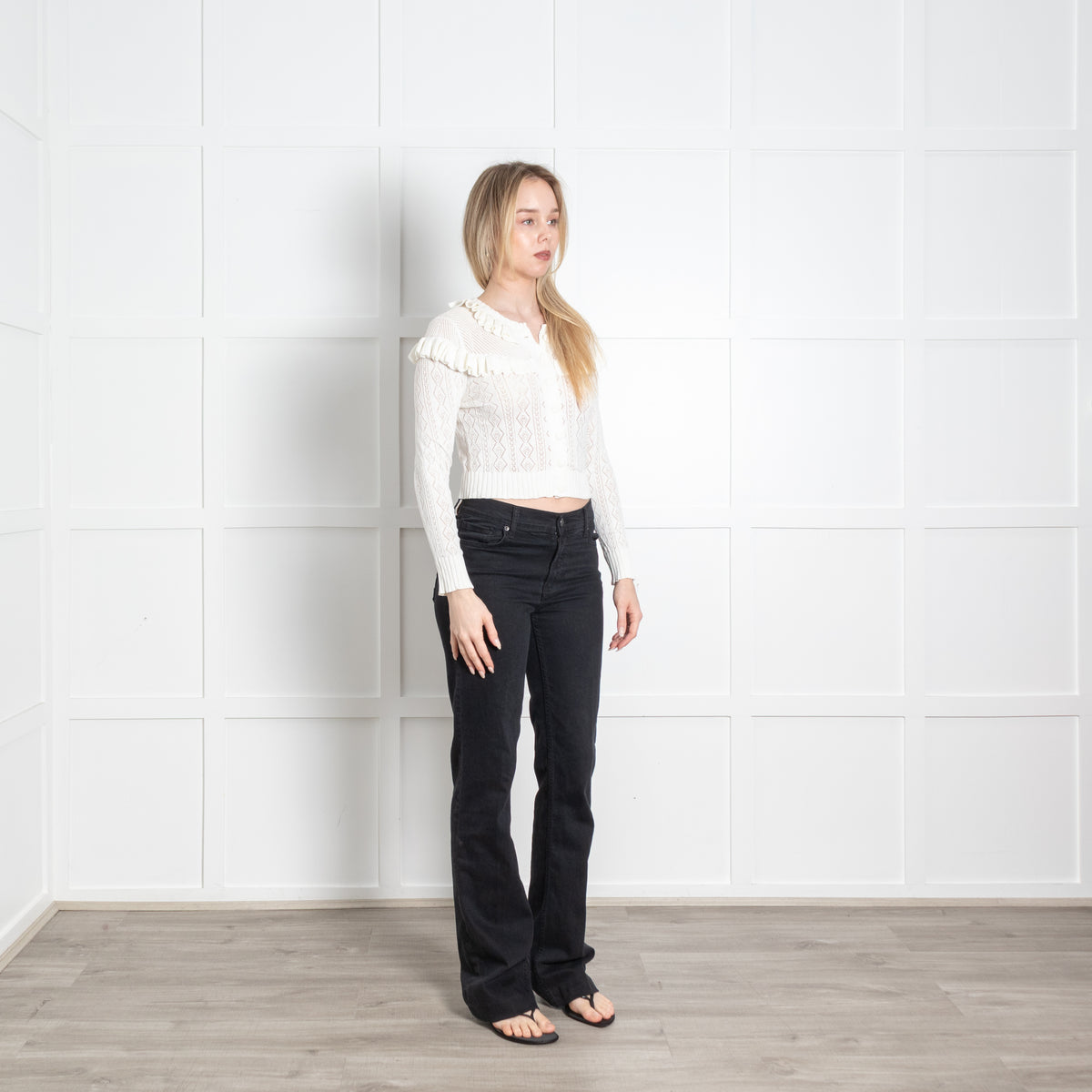 LoveShackFancy Cream Knit Frill Trim Cropped Fine Cardigan