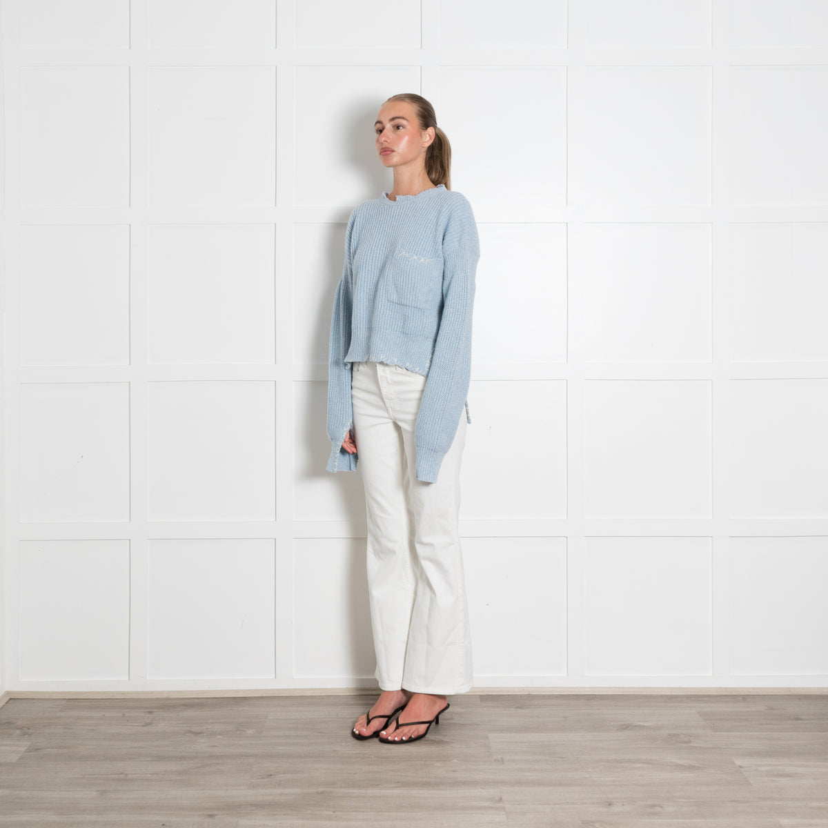 Marni Light Blue Distressed Embroidered Wool Jumper
