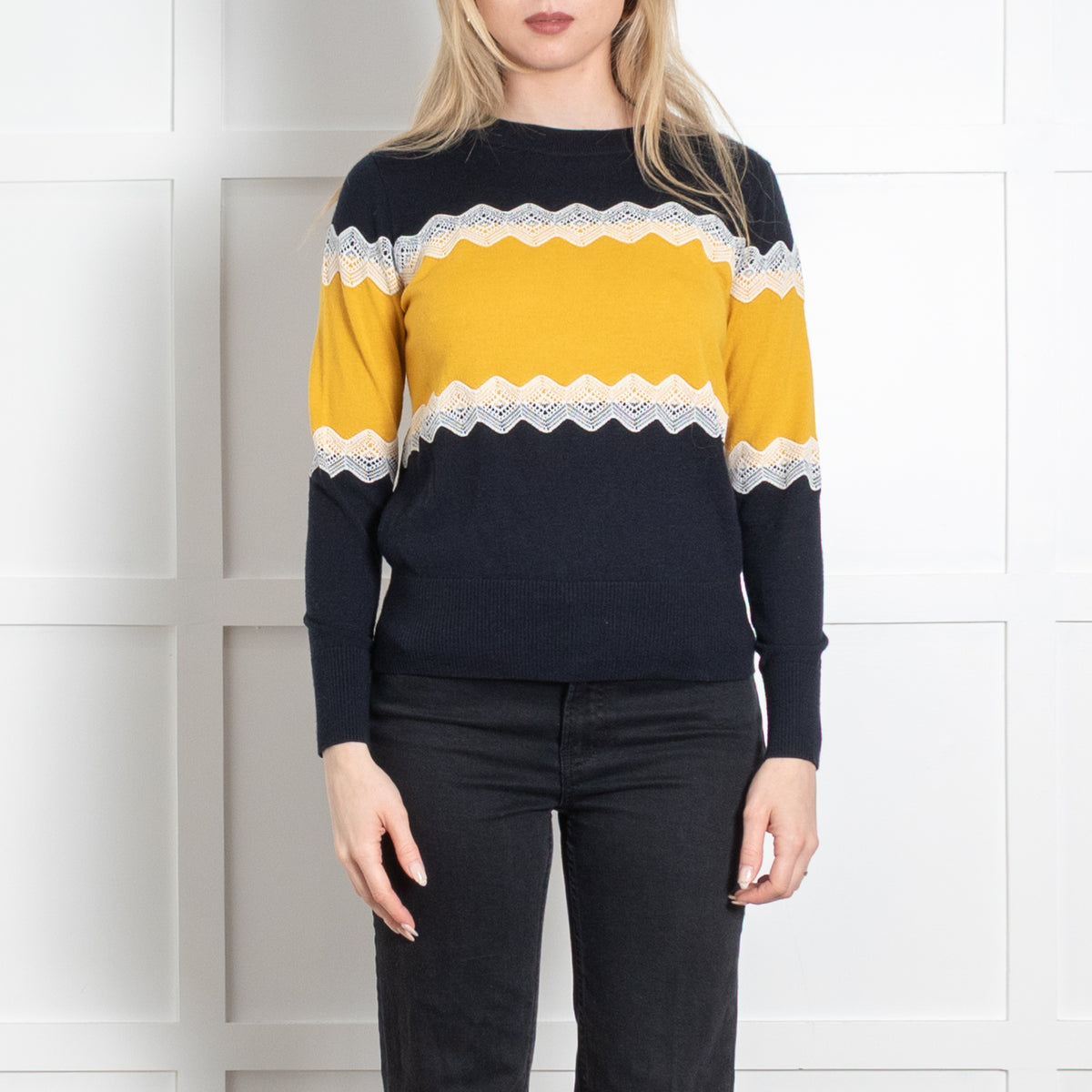 Claudie Pierlot Navy Yellow White Lace Trim Jumper