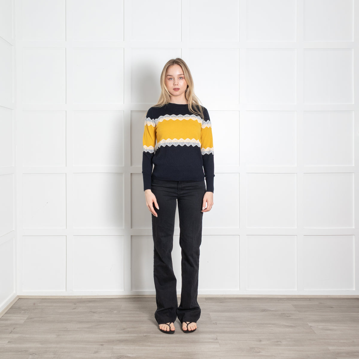 Claudie Pierlot Navy Yellow White Lace Trim Jumper