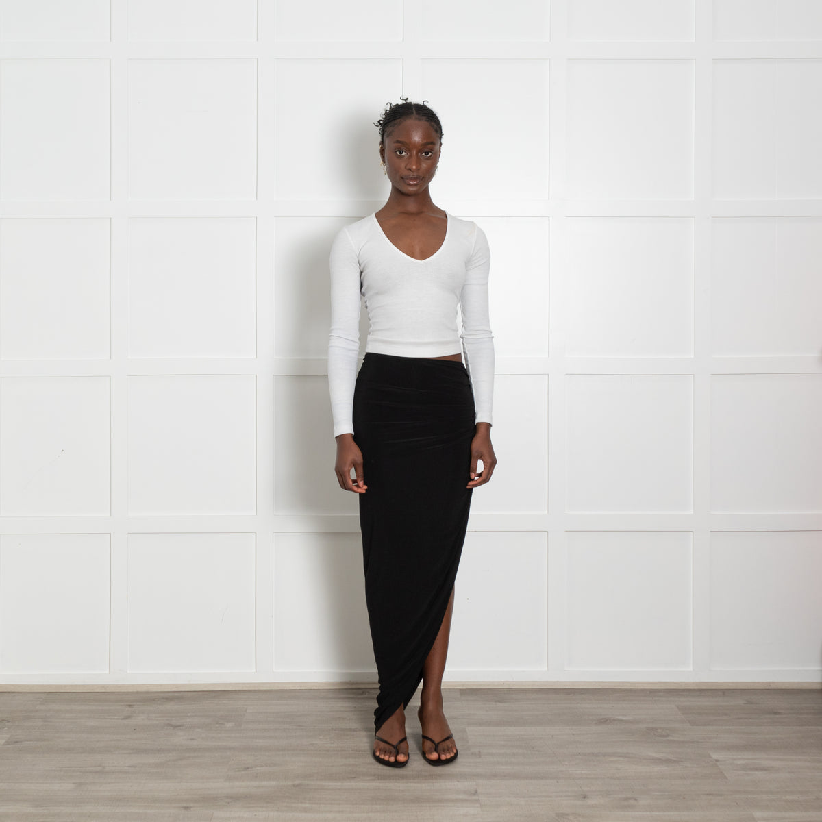 Norma Kamali Black Stretch Ruched Back Midi Skirt