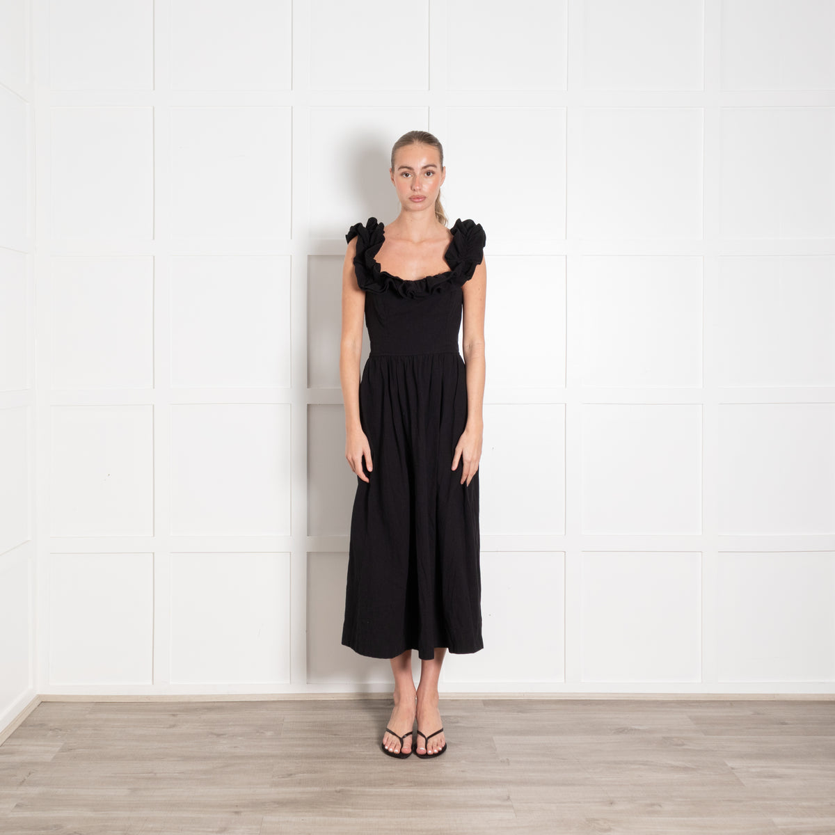 Free People Black Ruffle Straps Tie Back Dress