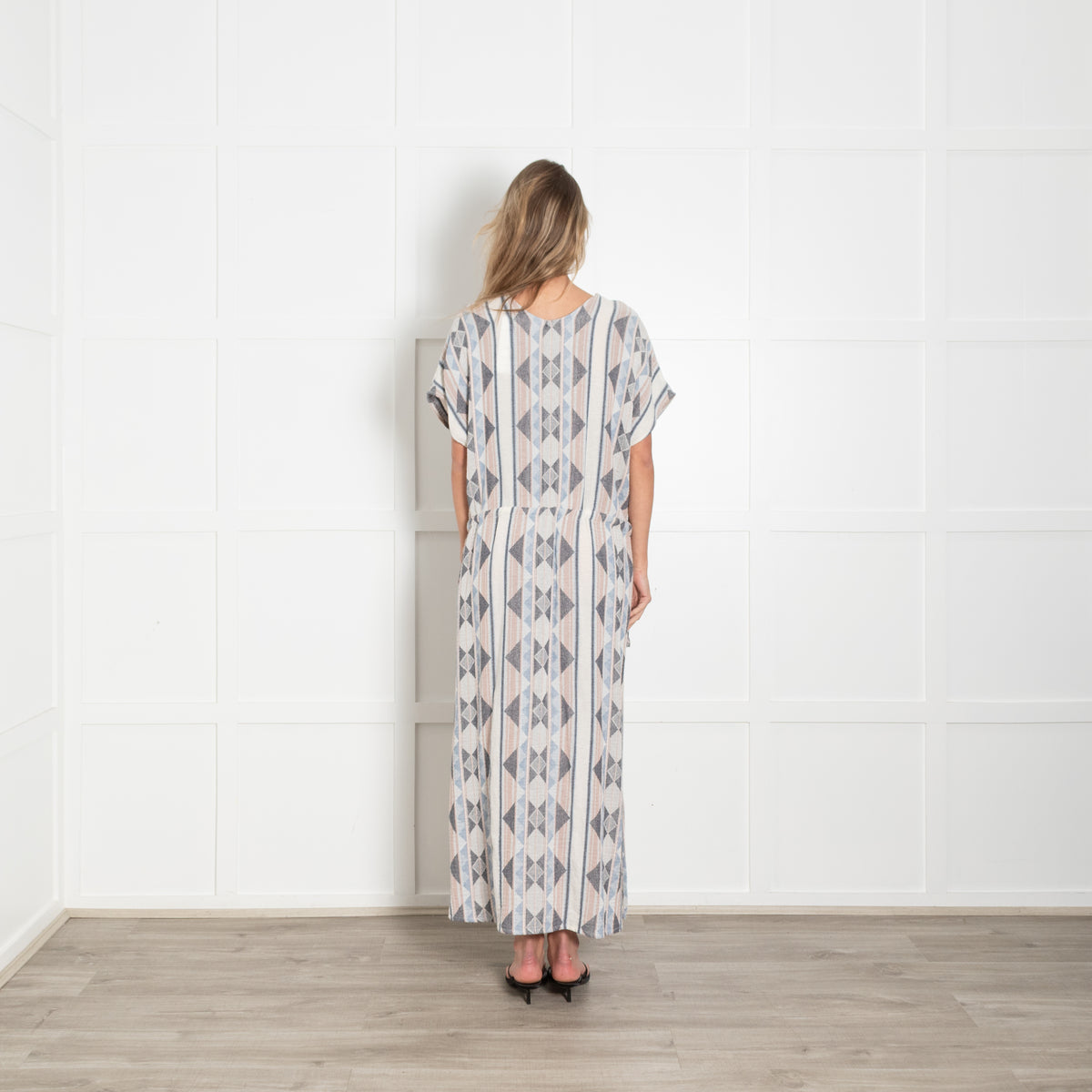 Louizon Pink & Blue Geometric Pattern Drawstring Midi Dress