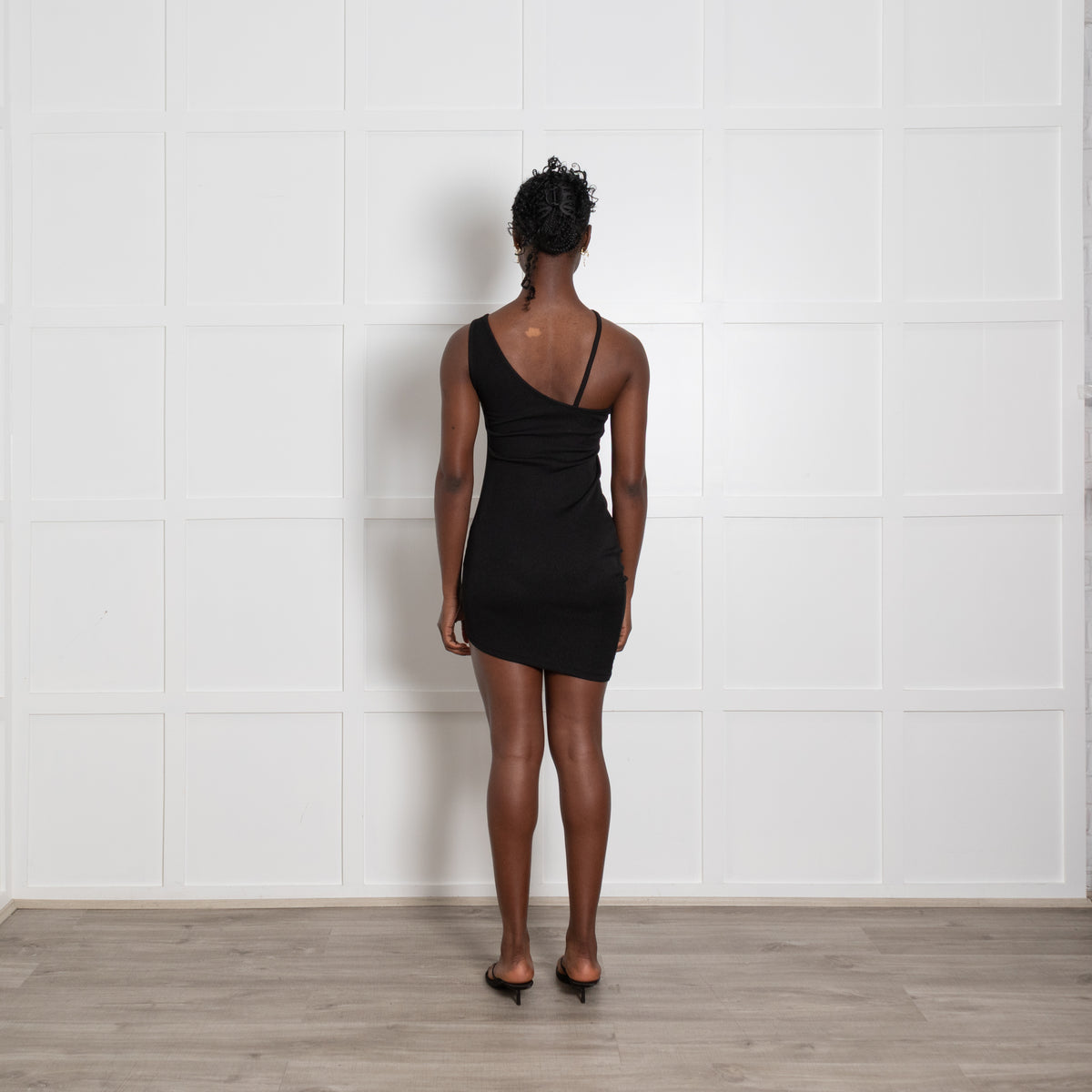 Christopher Esber Black Ribbed Metalwork One Shoulder Mini Dress