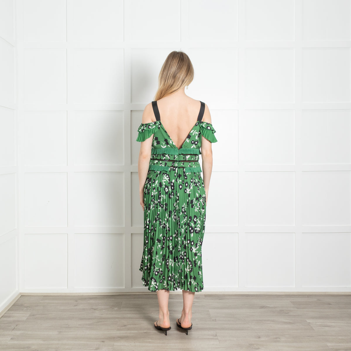 Self-Portrait Green White Black Floral Pleated Sleeveless Midi Dress