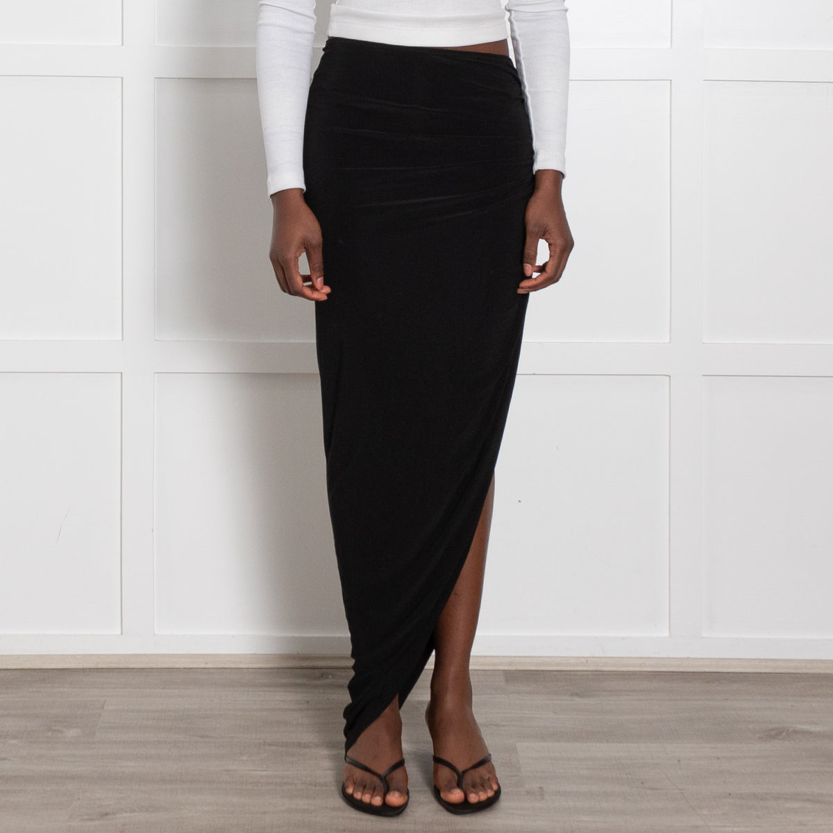 Norma Kamali Black Stretch Ruched Back Midi Skirt