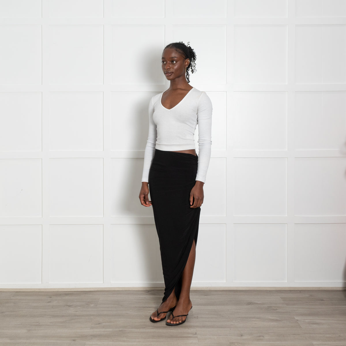 Norma Kamali Black Stretch Ruched Back Midi Skirt