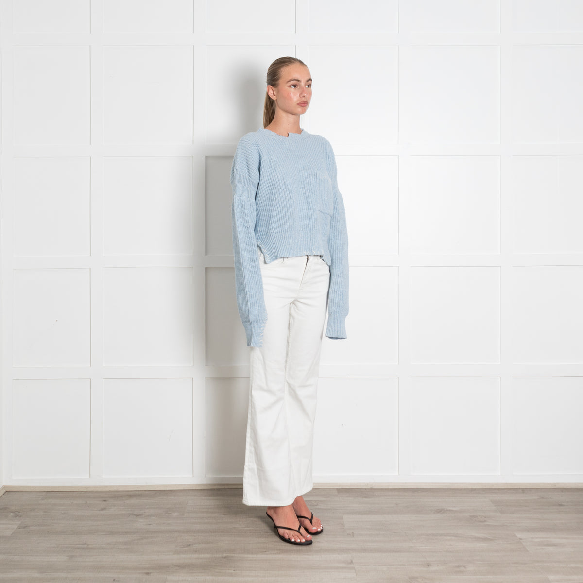 Marni Light Blue Distressed Embroidered Wool Jumper