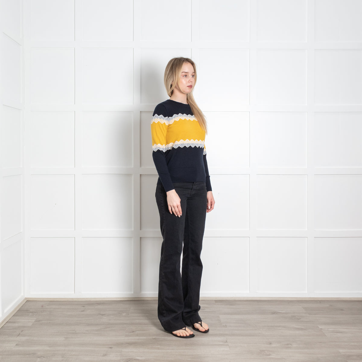 Claudie Pierlot Navy Yellow White Lace Trim Jumper
