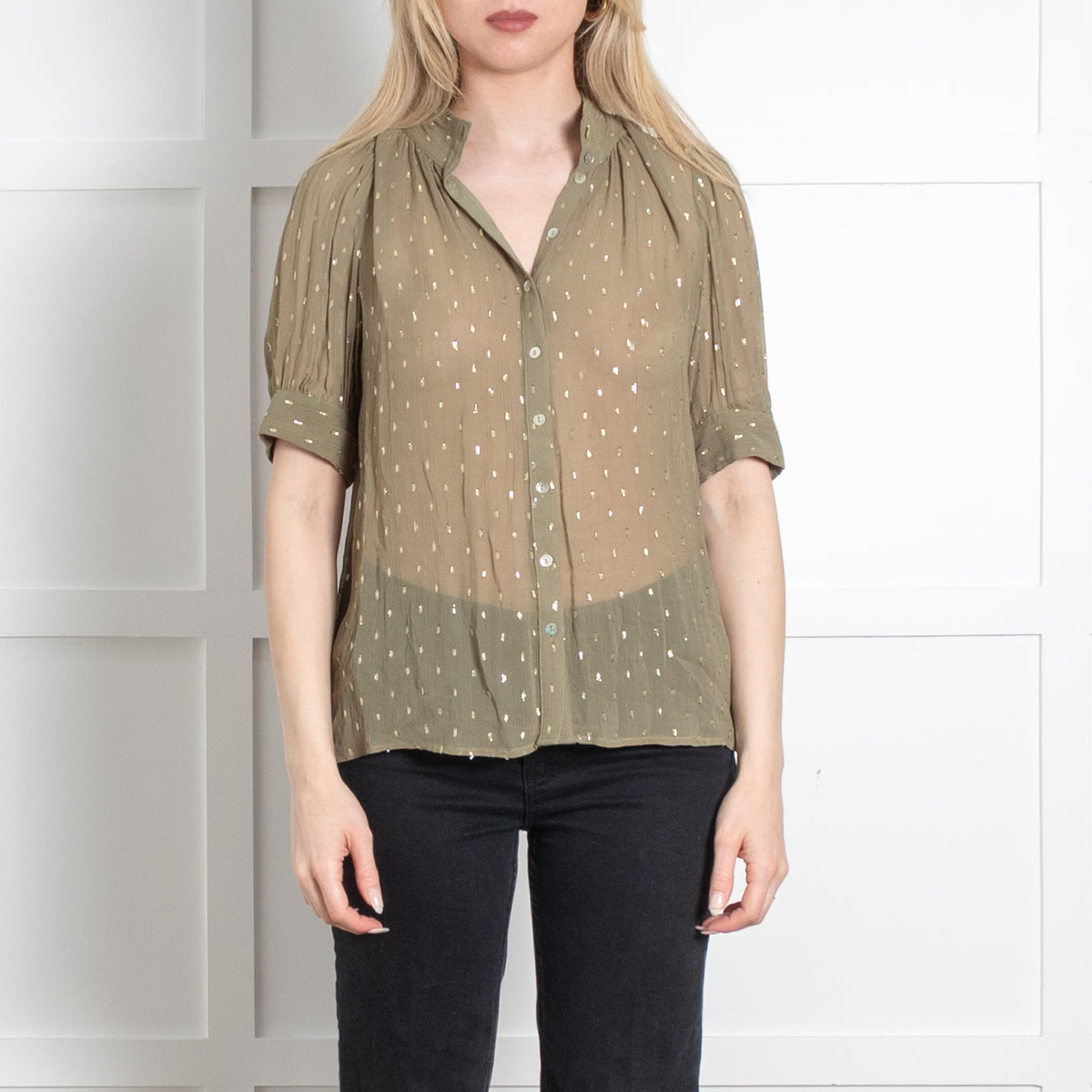 Bash Khaki Gold Lurex Fleck  Short Sleeve Sheer Top