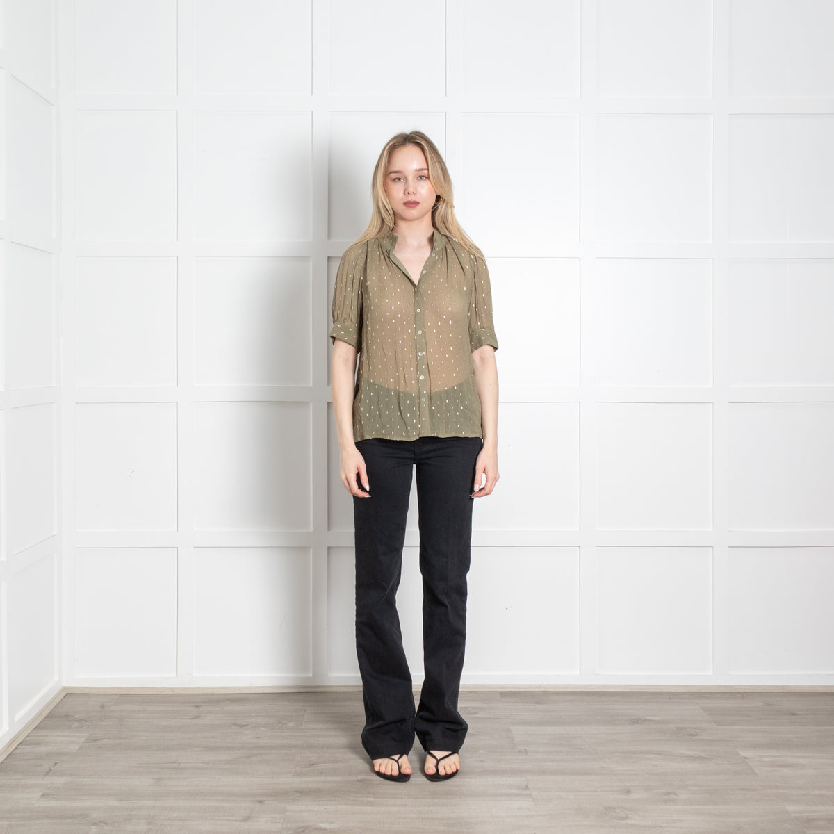 Bash Khaki Gold Lurex Fleck  Short Sleeve Sheer Top
