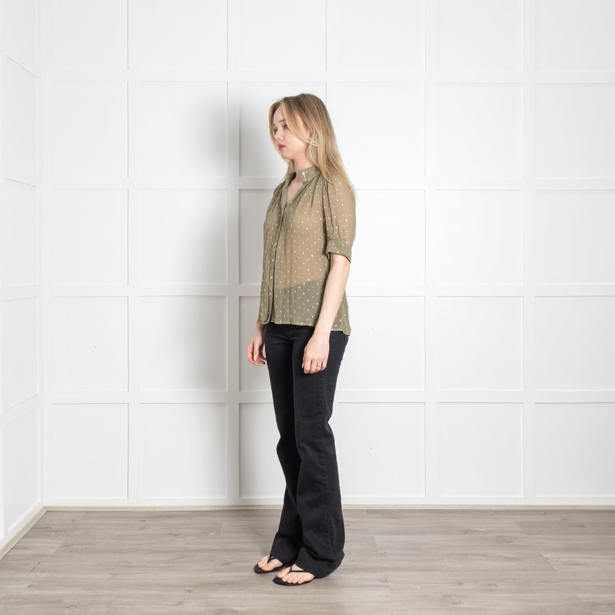 Bash Khaki Gold Lurex Fleck  Short Sleeve Sheer Top