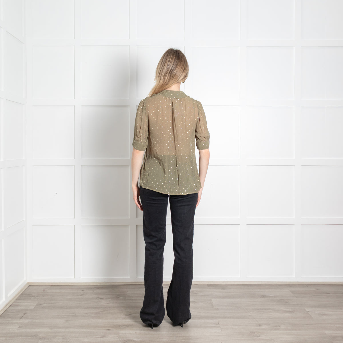 Bash Khaki Gold Lurex Fleck  Short Sleeve Sheer Top