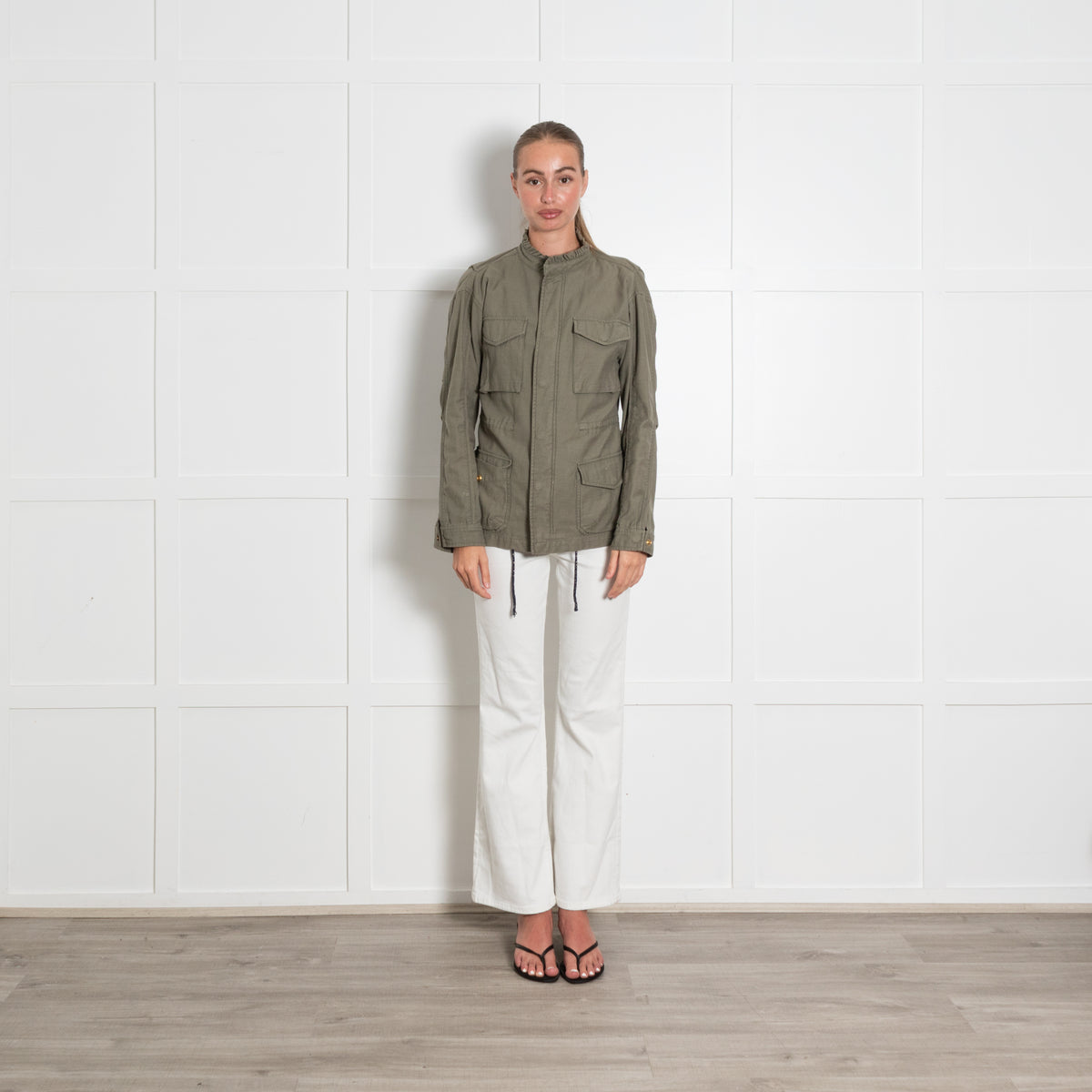 Wyse Khaki Frill Collar Pocket Front Jacket