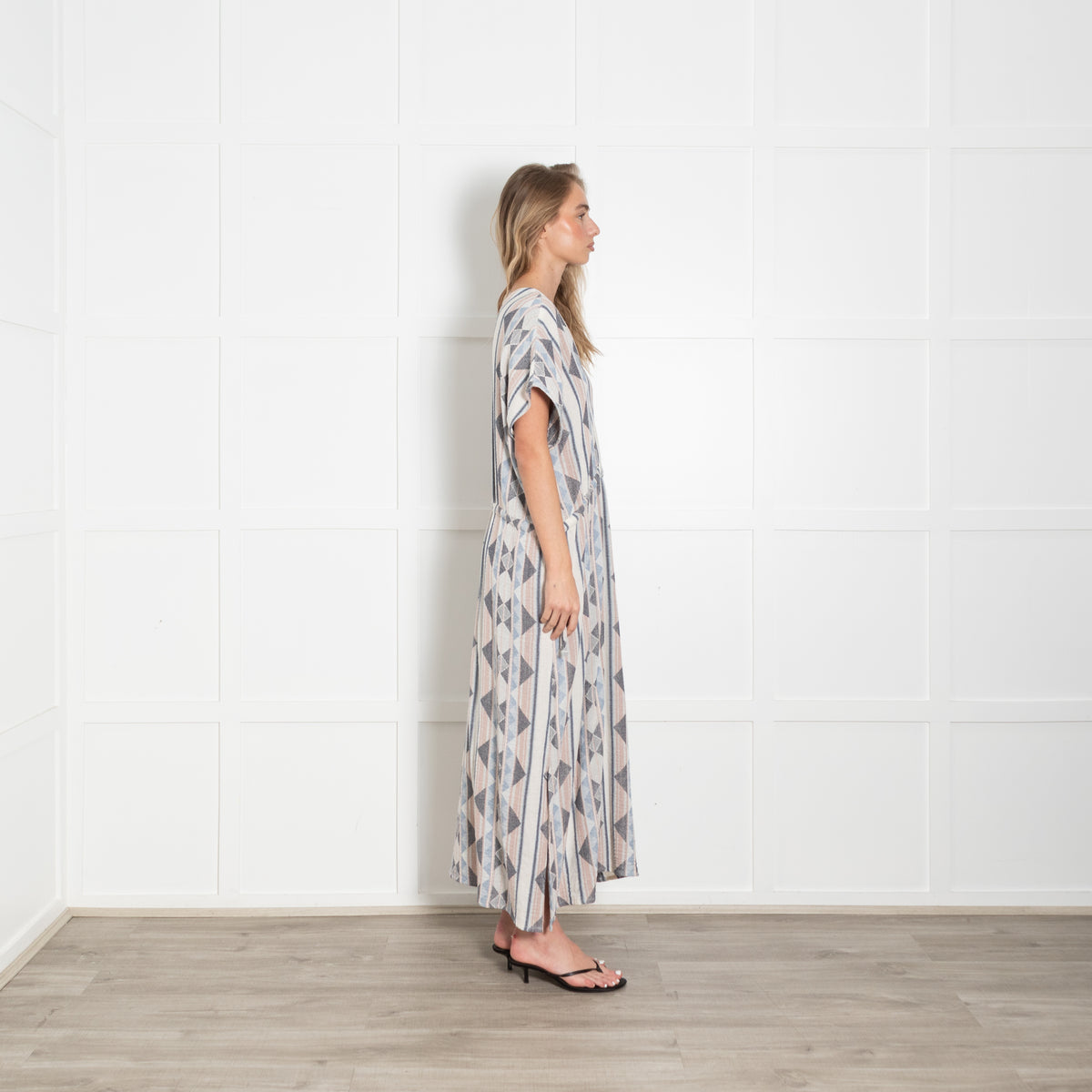 Louizon Pink & Blue Geometric Pattern Drawstring Midi Dress