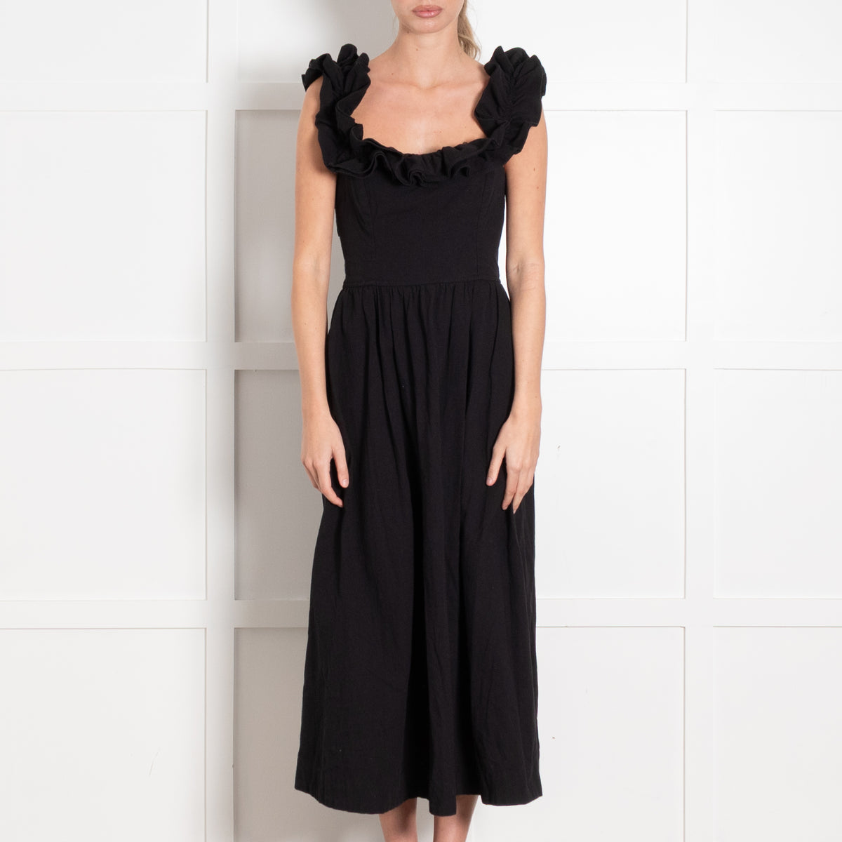 Free People Black Ruffle Straps Tie Back Dress