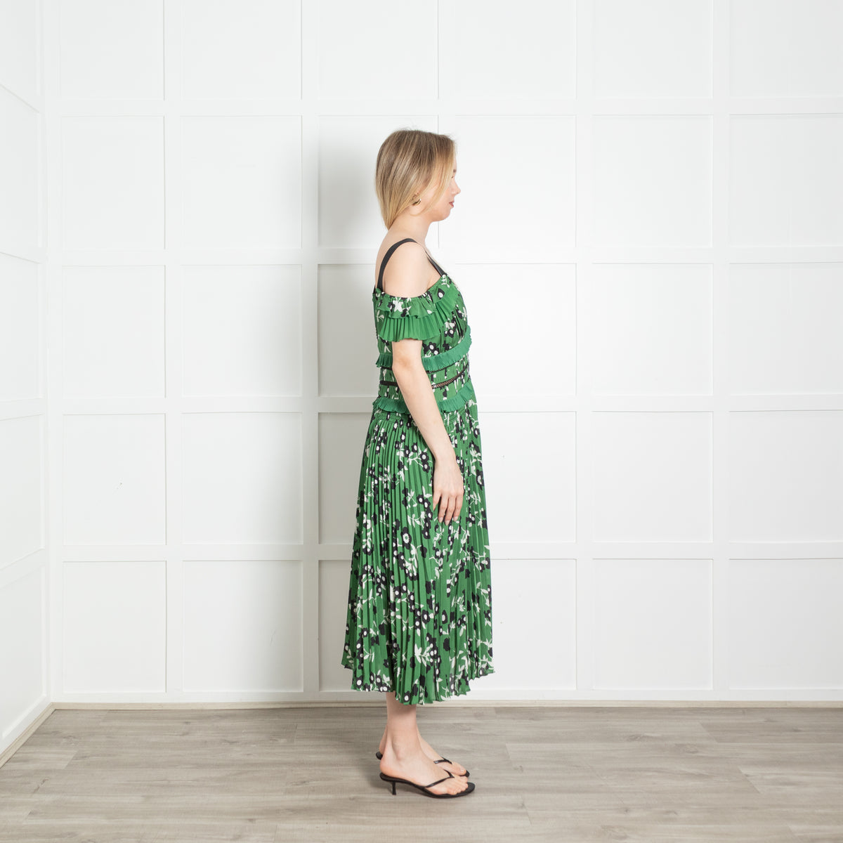 Self-Portrait Green White Black Floral Pleated Sleeveless Midi Dress