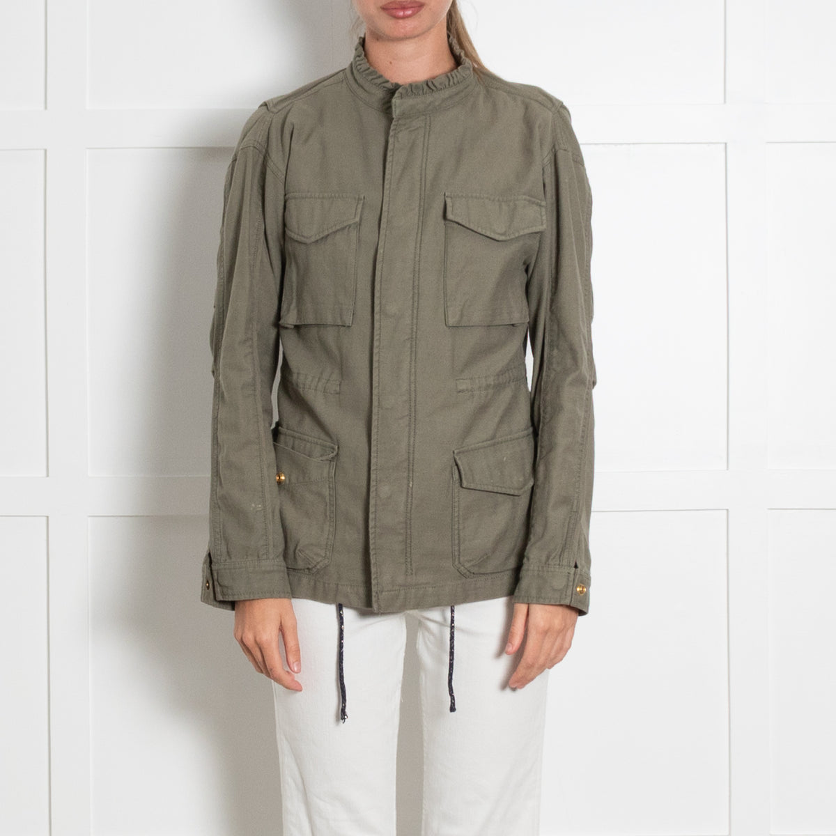 Wyse Khaki Frill Collar Pocket Front Jacket