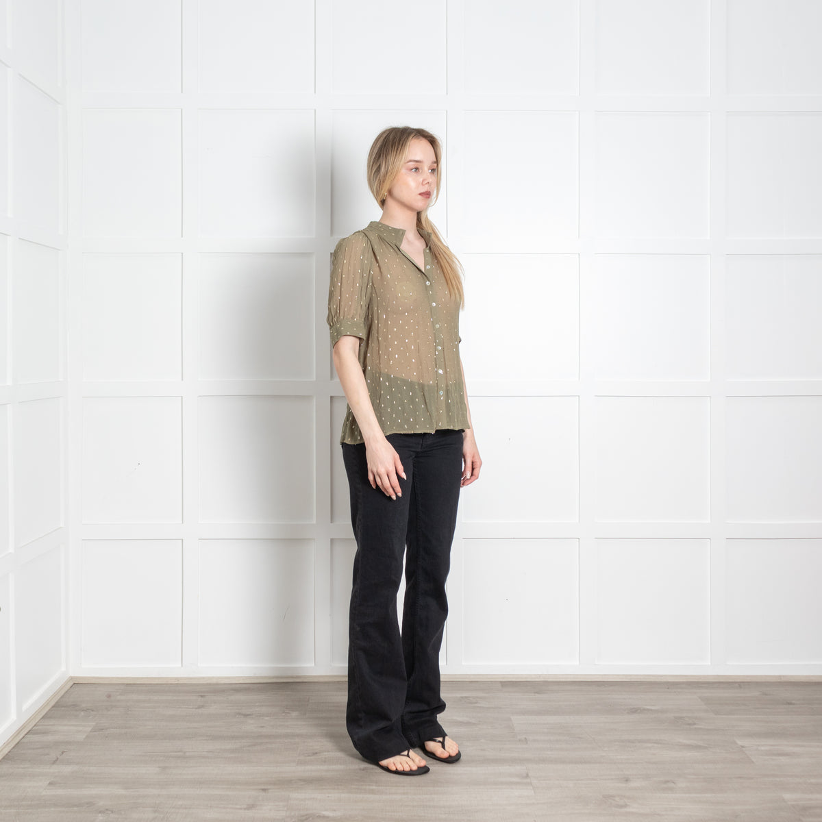 Bash Khaki Gold Lurex Fleck  Short Sleeve Sheer Top