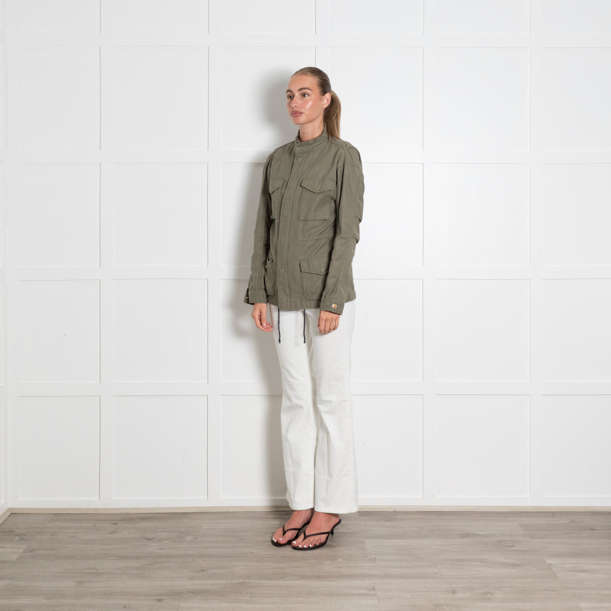 Wyse Khaki Frill Collar Pocket Front Jacket