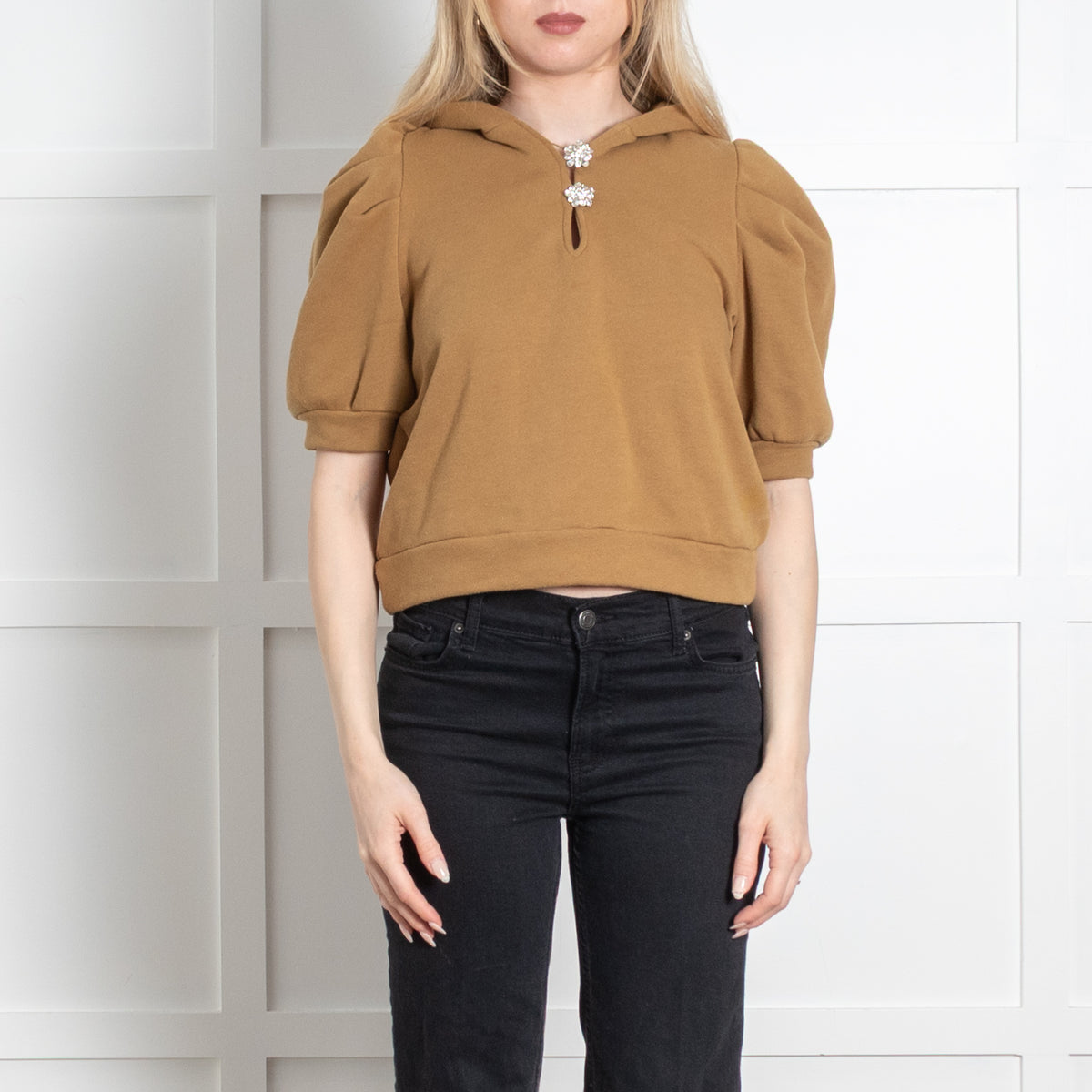 Bash Khaki Diamanté Buttons Short Sleeves Hoodie