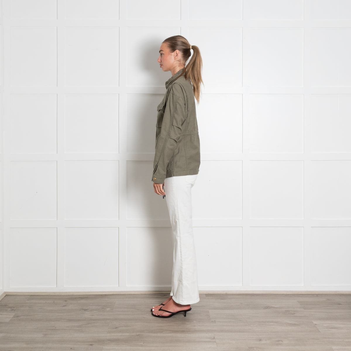 Wyse Khaki Frill Collar Pocket Front Jacket