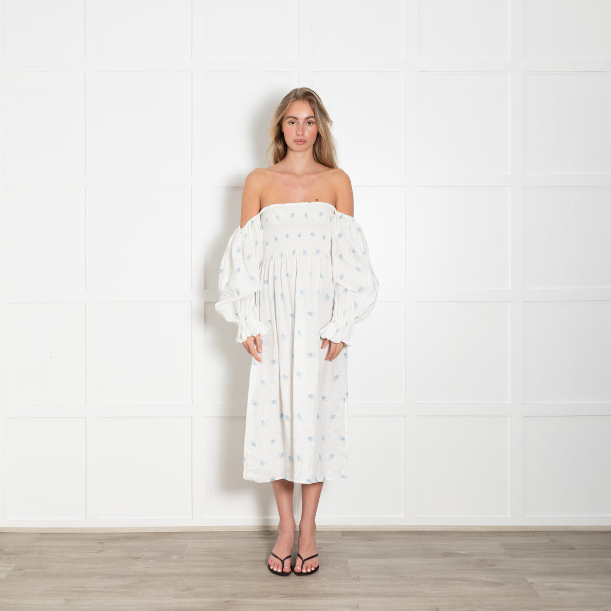 Sleeper Cream Blue Floral Linen Smock Style Dress