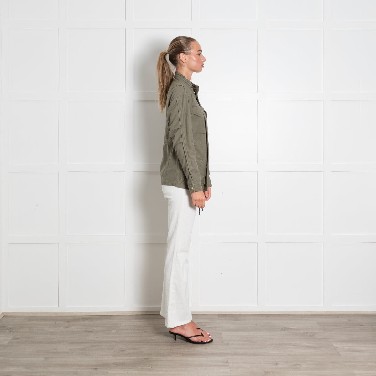 Wyse Khaki Frill Collar Pocket Front Jacket