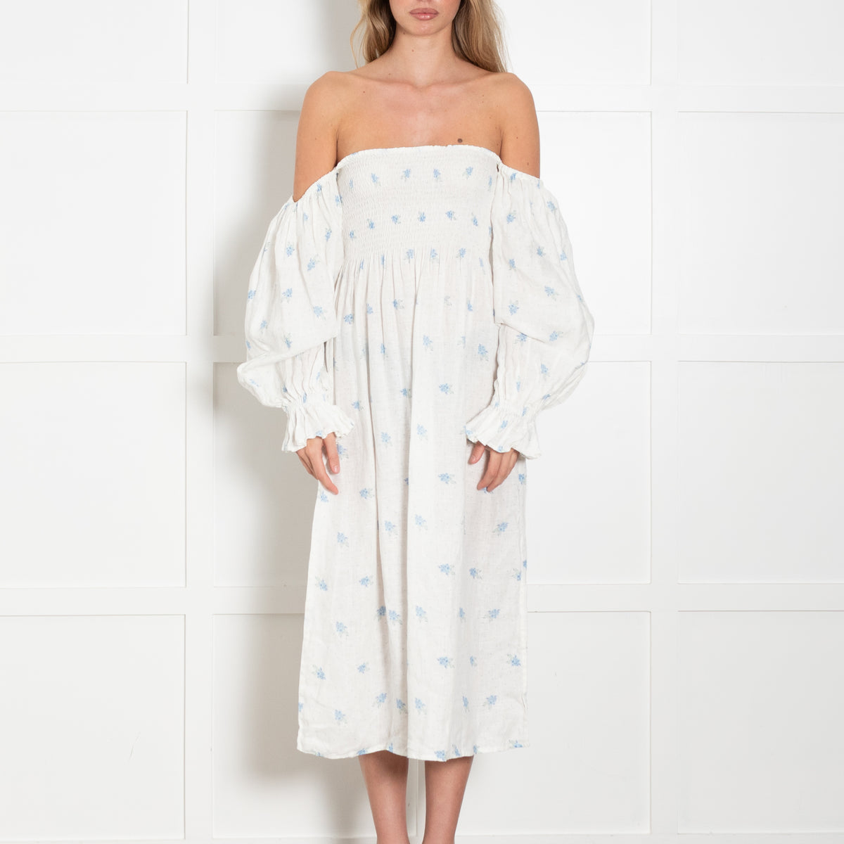 Sleeper Cream Blue Floral Linen Smock Style Dress