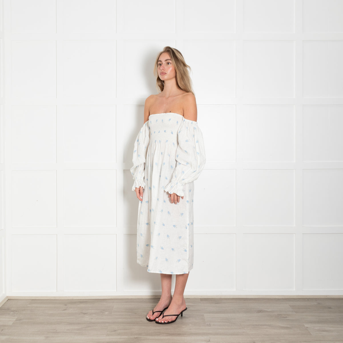Sleeper Cream Blue Floral Linen Smock Style Dress
