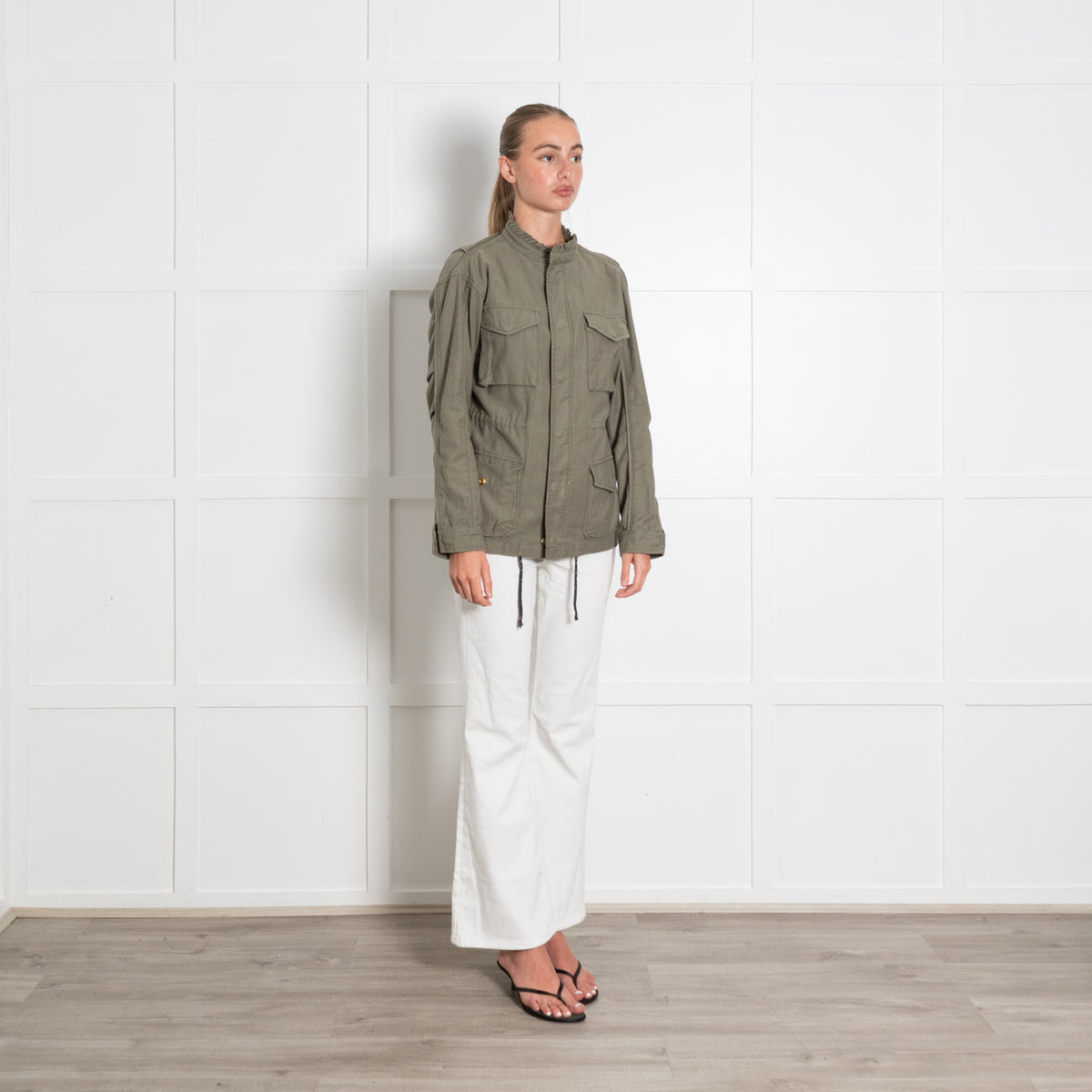 Wyse Khaki Frill Collar Pocket Front Jacket