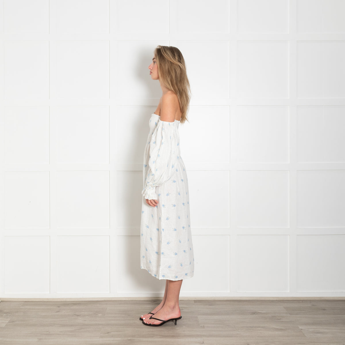 Sleeper Cream Blue Floral Linen Smock Style Dress